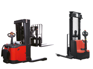 Two red and black electric pallet trucks with forks extended, shown from the side on a white background.